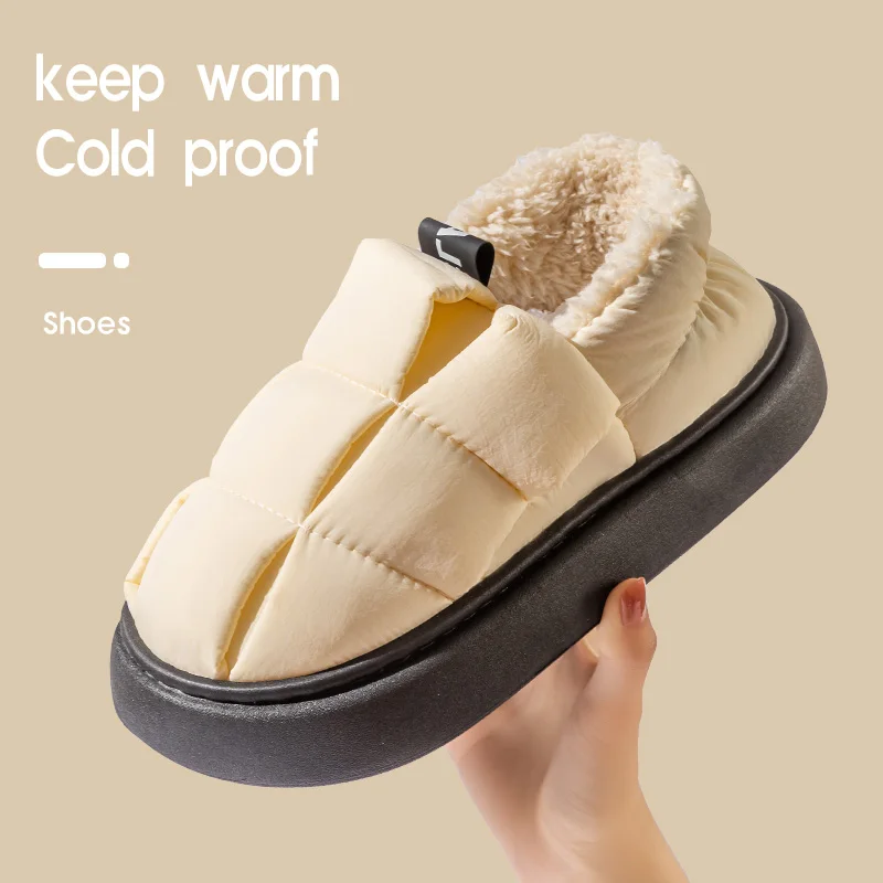 Cotton slippers for women in autumn and winter, with added velvet for indoor home warmth, thick bottom bag for men