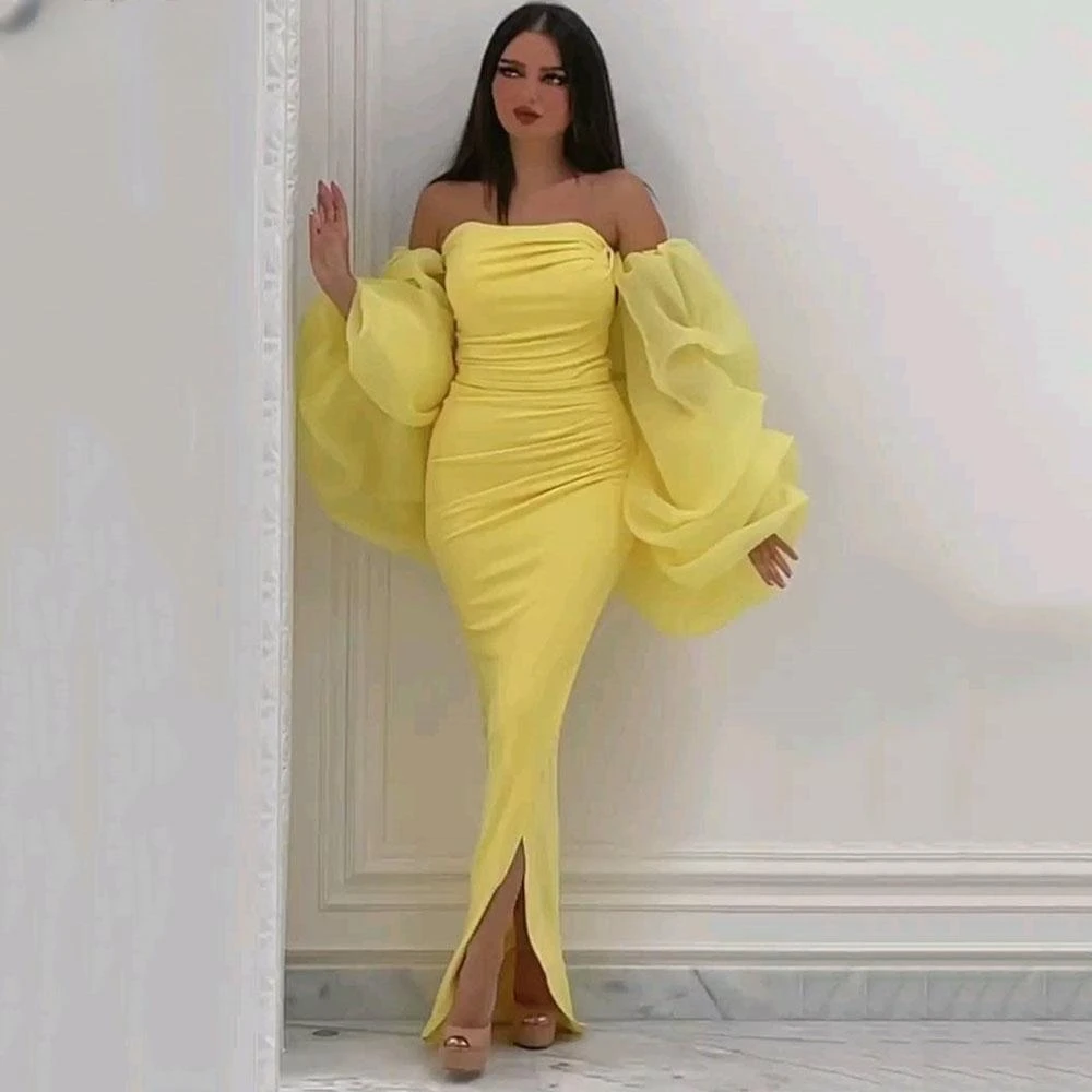 

Fashionvane Yellow Mermaid Prom Dresses Long Puffy Sleeves Evening Party Saudi Arabia Women Wear Ruched Trumpet Wedding Gowns