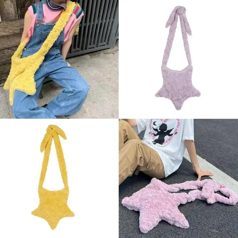 39BD Women Fashion Casual Star Plush Crossbody Bags Shoulder Bag Cartoon Girls Faux Fur Purse Handbag Furry Purse