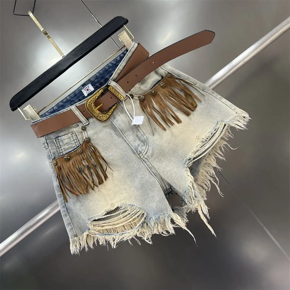 Short Jean Pants Woman Fringe Boxer Ripped Wide Denim Shorts for Women Y2k Vintage Outdoor Casual Streetwear Classic Trend 2025
