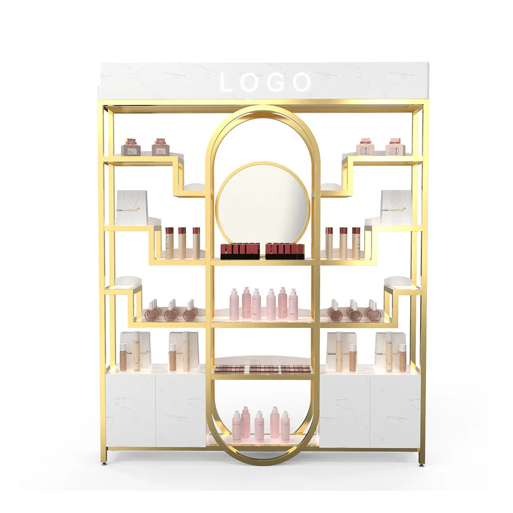 

Customized Cosmetics Rack Beauty Supply Store Shelf Makeup Perfume Display Rack Golden Cosmetics Rack