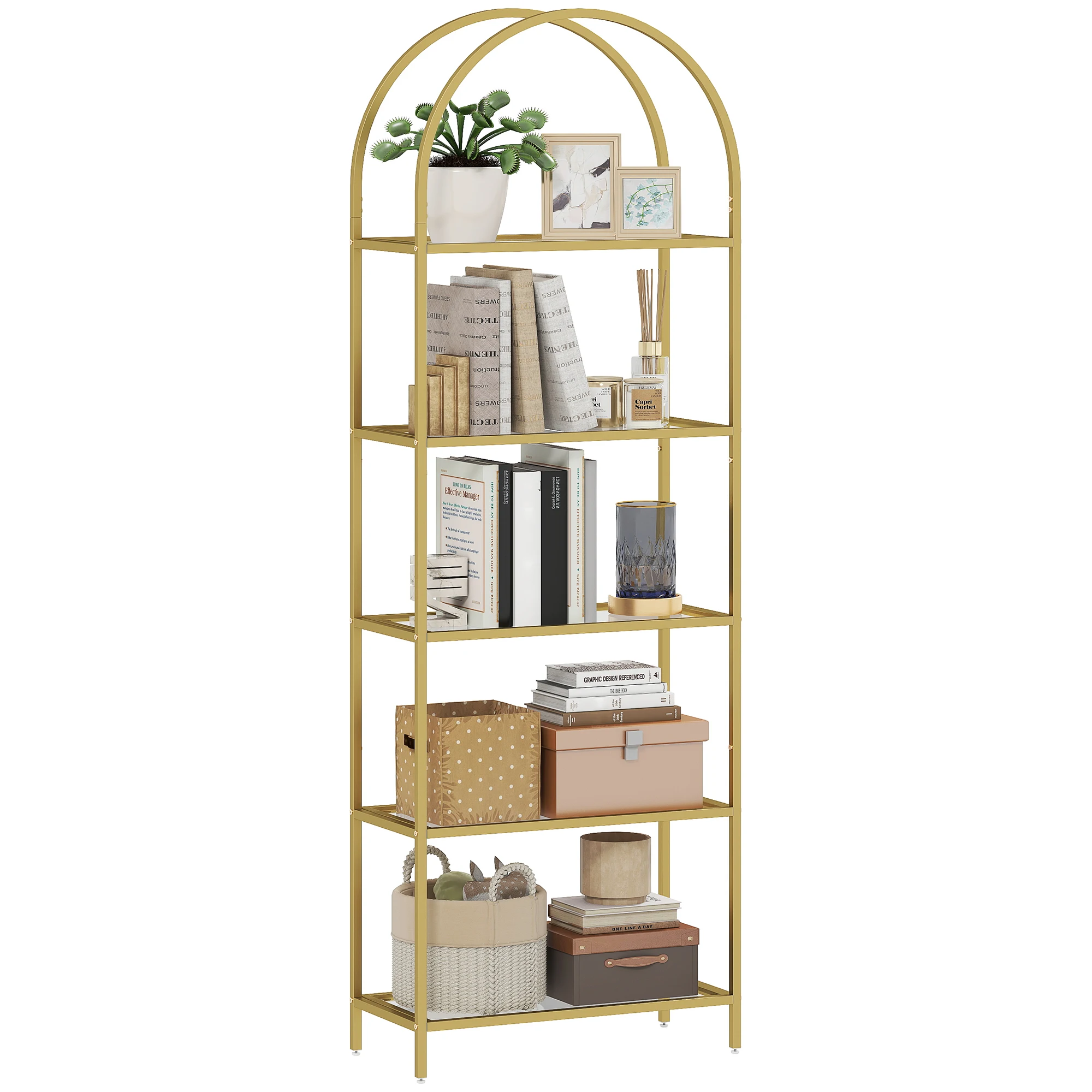 Homcom 5-laags rek van gehard glas, opbergrek, gebogen structuur, smalle boekenkast voor kleine ruimtes, badkamer, woonkamer en keuken, 60X30X175 cm, goud