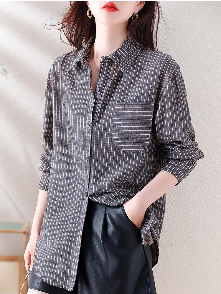 

Женский хлопковый топ в полоску Ele Long Sve, свободный крой, винтажный повседневный топ на пуговицах средней длины