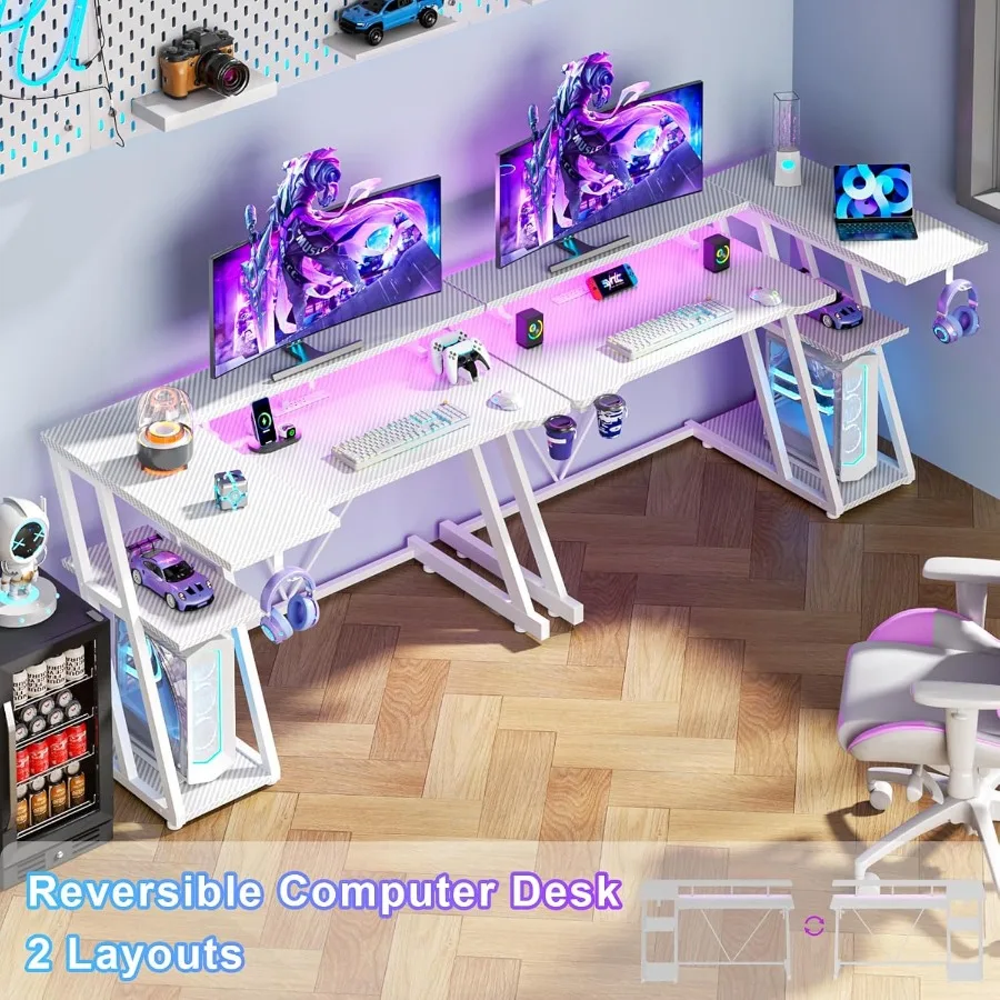 مكتب ألعاب على شكل حرف L مقاس 40 بوصة مع مخرج طاقة مدمج وأضواء LED محيطة ومكتب كمبيوتر زاوية يتميز بتخزين من 3 طبقات #3