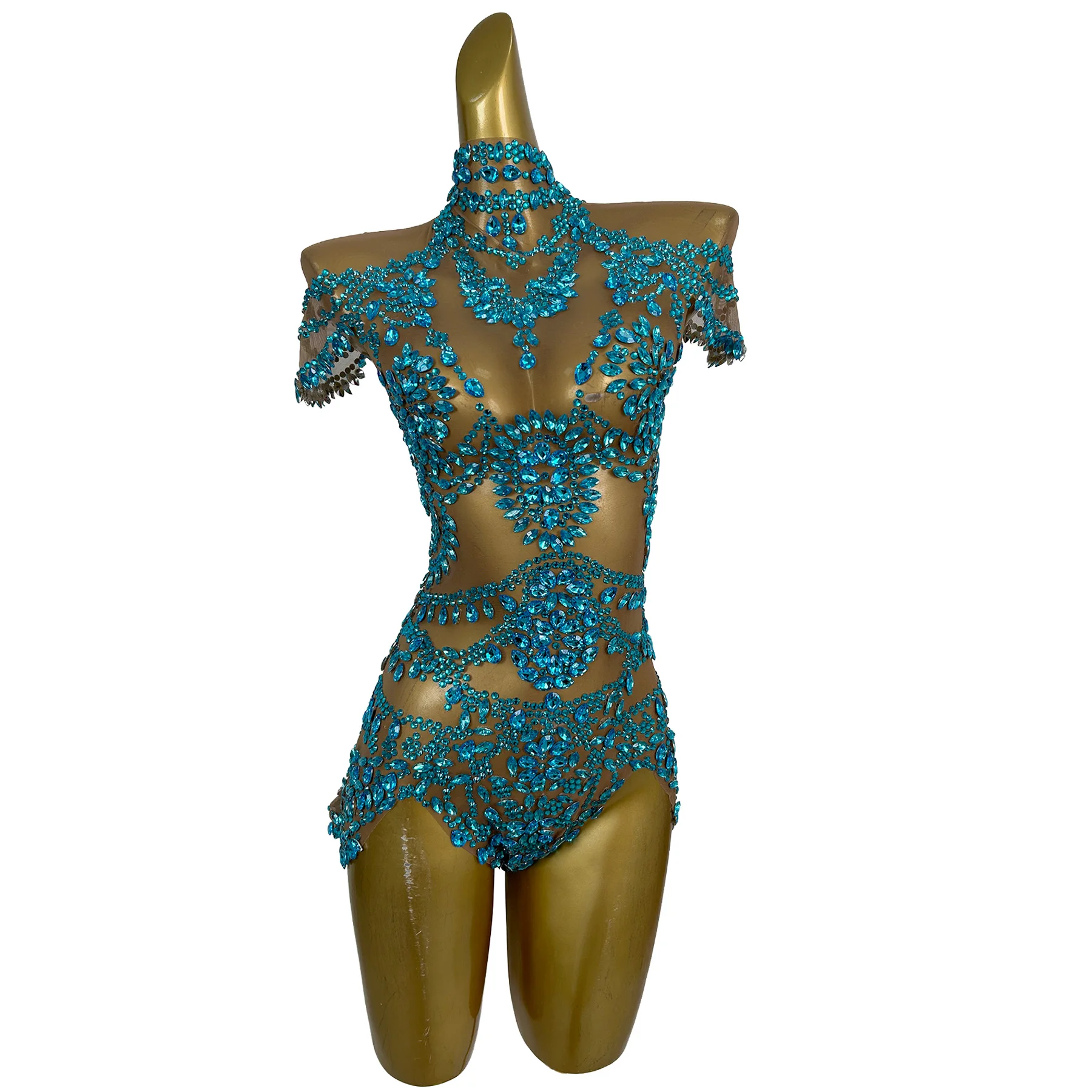 

Wuniang Luxury Women Party Dress Sexy Perspective Mesh Blue Diamond Jumpsuit Bar Stage Performance Costume Graduation Prom Gowns