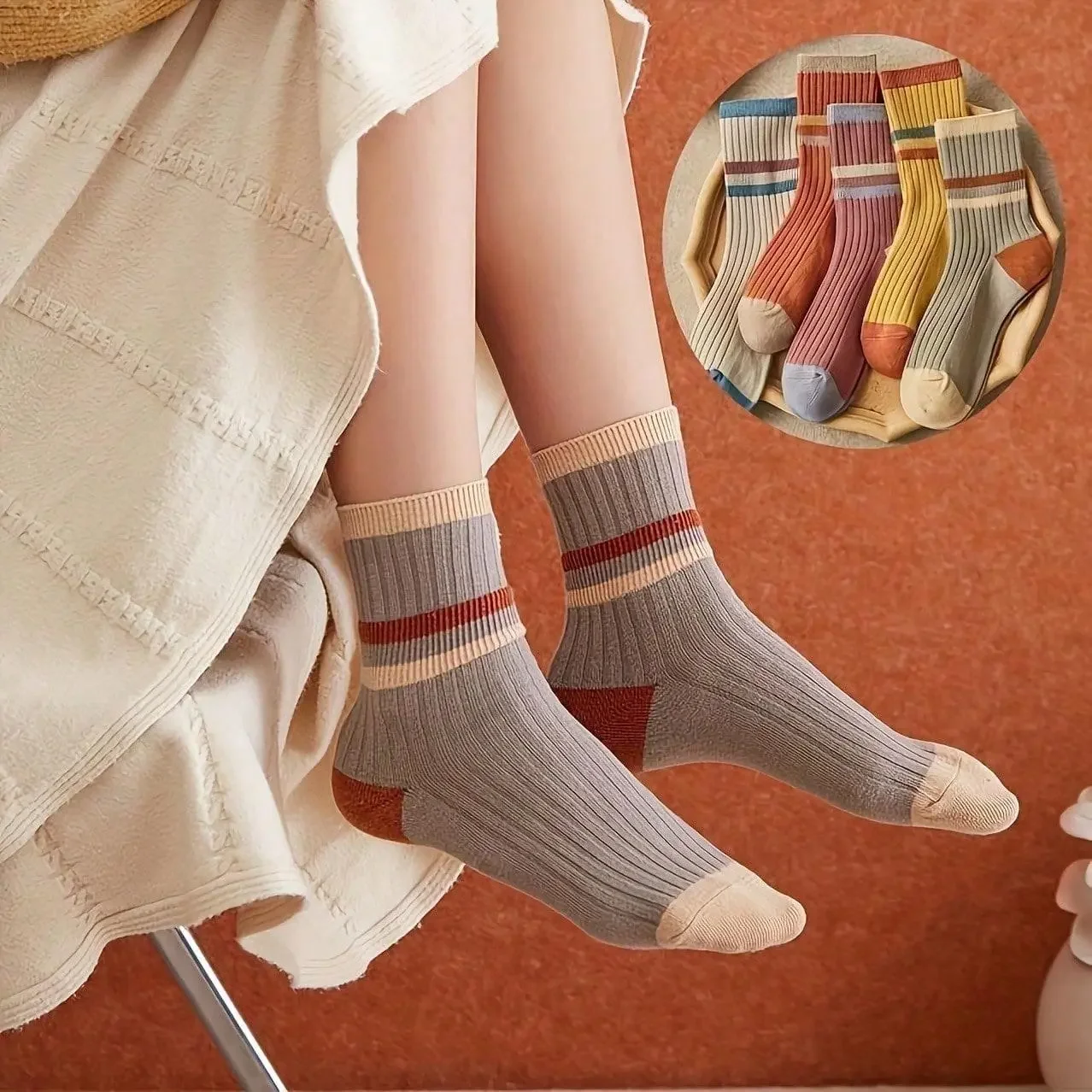 5 Pairs Of unisex striped mid socks soft breathable odor resistant comfortable fabric ideal for couples casual matching style - view 3