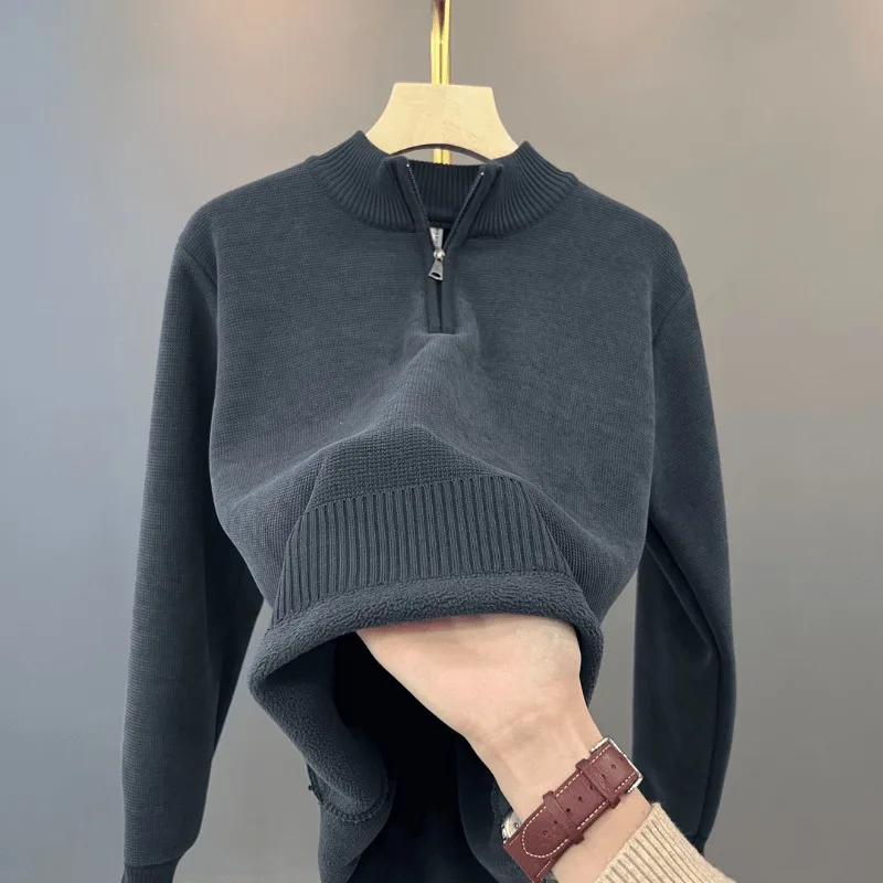 Men's Half Zip Knit Sweater Solid Simple Versatile Warm Pullover Undershirt Winter Fashion Top