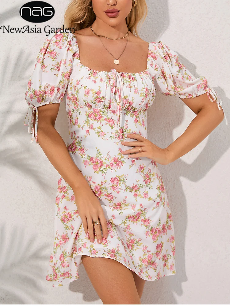 

NewAsia Floral Print Puff Sleeve Chiffon Mini Dress Square Neck Backless Zipper Tie Up Fashion Casual Short Dress