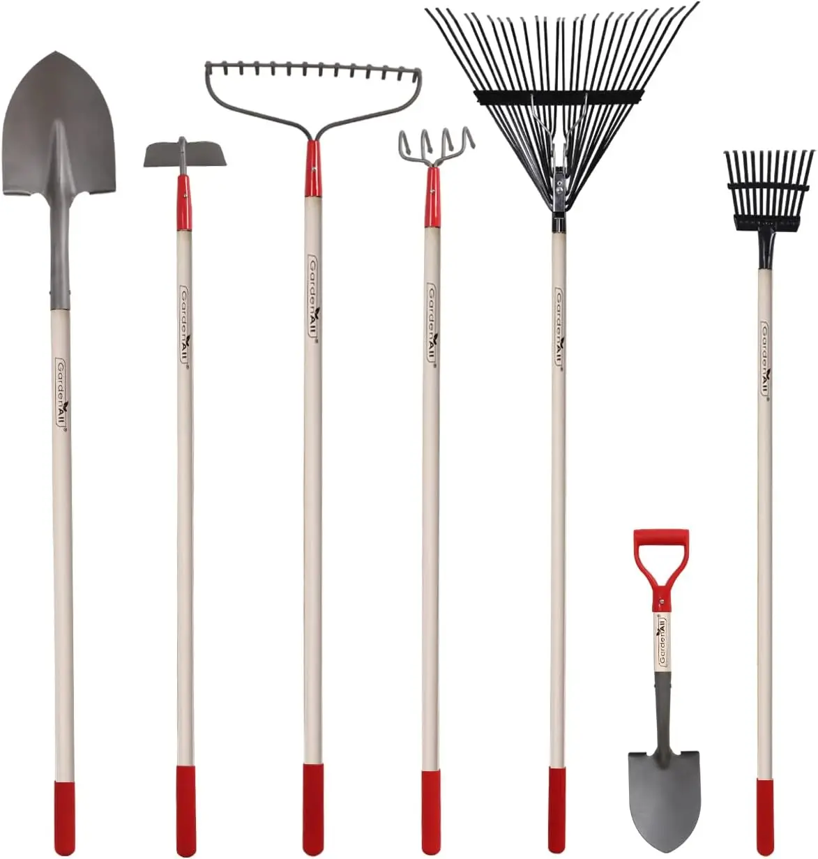 denall 7-Piece Shovels Rakes Hoe Set Garden Tools Gifts For Women Long Wood Handle Pointy Shovels For Digging Short Handle