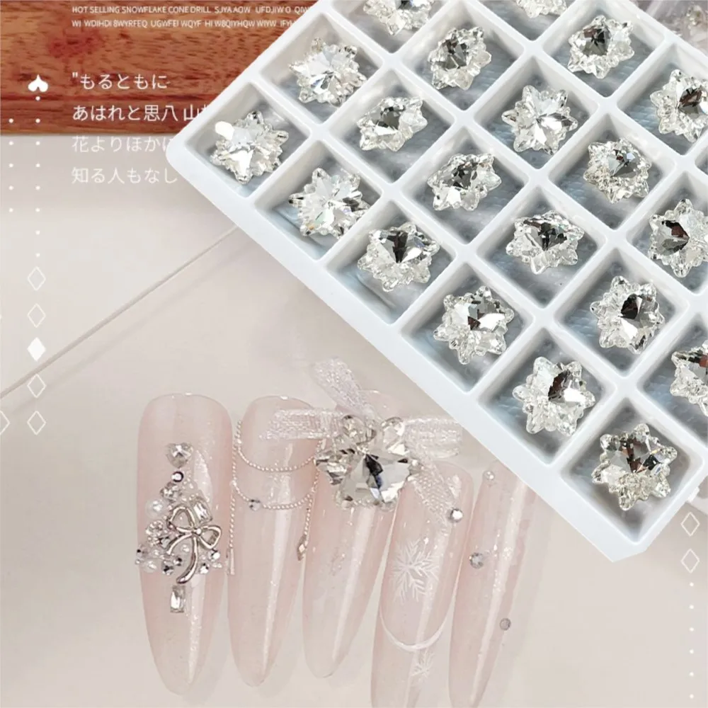 20Pcs/Lot Sparkly Crystal Snowflake Nail Rhinestones 8/12mm Clear Pink Cherry Flower Snowflakes Diamond Gems Jewelry Nail Charms