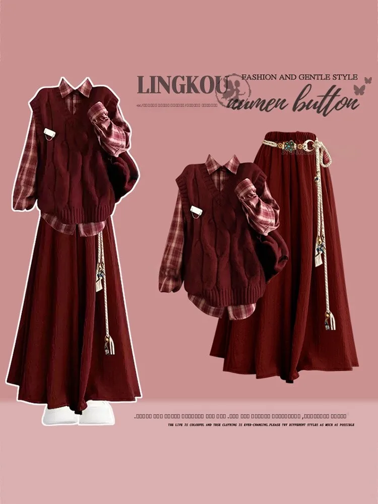 

Комплект из трех предметов: вязаный топ, юбка и брюки больших размеров для осени и зимы, повседневный, модный, с эффектом похудения