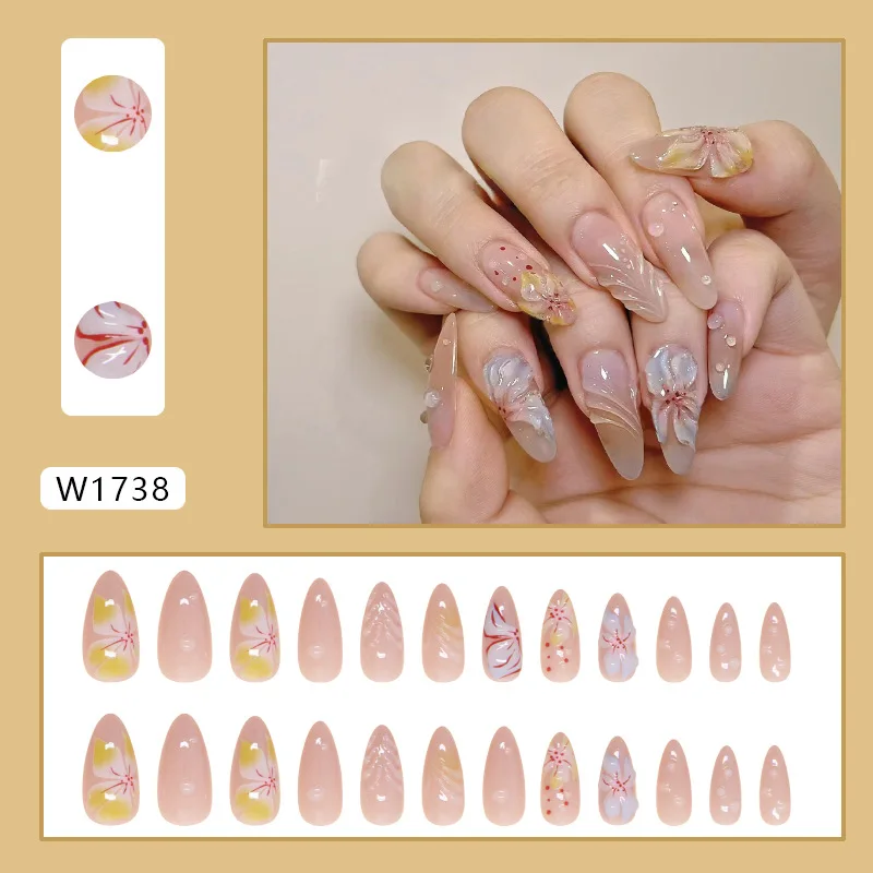 24pcs Wearable Almond Press On Nails 3D Flower Water Ripple Designs Fake Nail Patches Sweet Ins Style False Nail For Women Girls