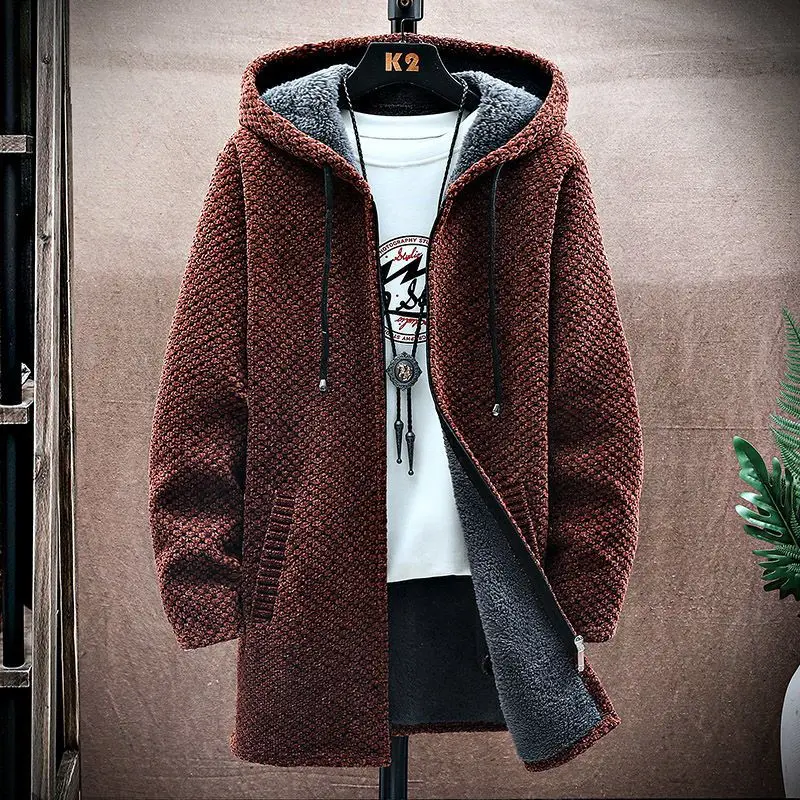 Autumn and Winter Men's Hooded Neck Zipper Pocket Mid Length Slim Embroidery Casual Fashion Elegant Commuter Long Sleeve Coat