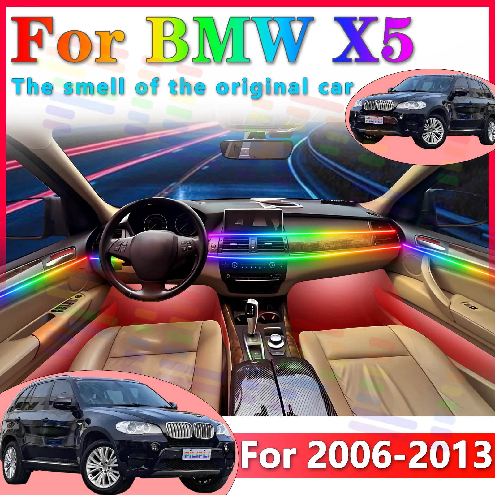 For BMW X5 E70 High-end Invisible Acrylic Vehicle Interior Ambient Lamp RGB Music-triggered Mobile APP Rainbow Gradient LED