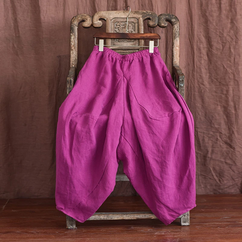 

100% Linen Women Casual Harem Pants New Arrival 2025 Spring Vintage Style Solid Color Loose Female Ankle-length Pants M1367