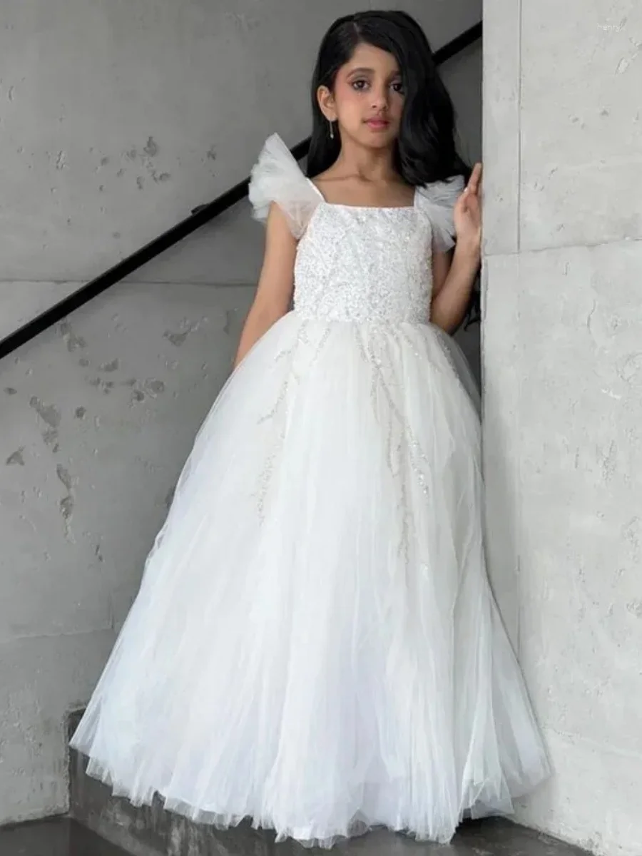 ホワイトフラワーガールドレス結婚式用スパンコールノースリーブ女の赤ちゃんの誕生日パーティードレス初聖体舞踏会ドレスカスタマイズ