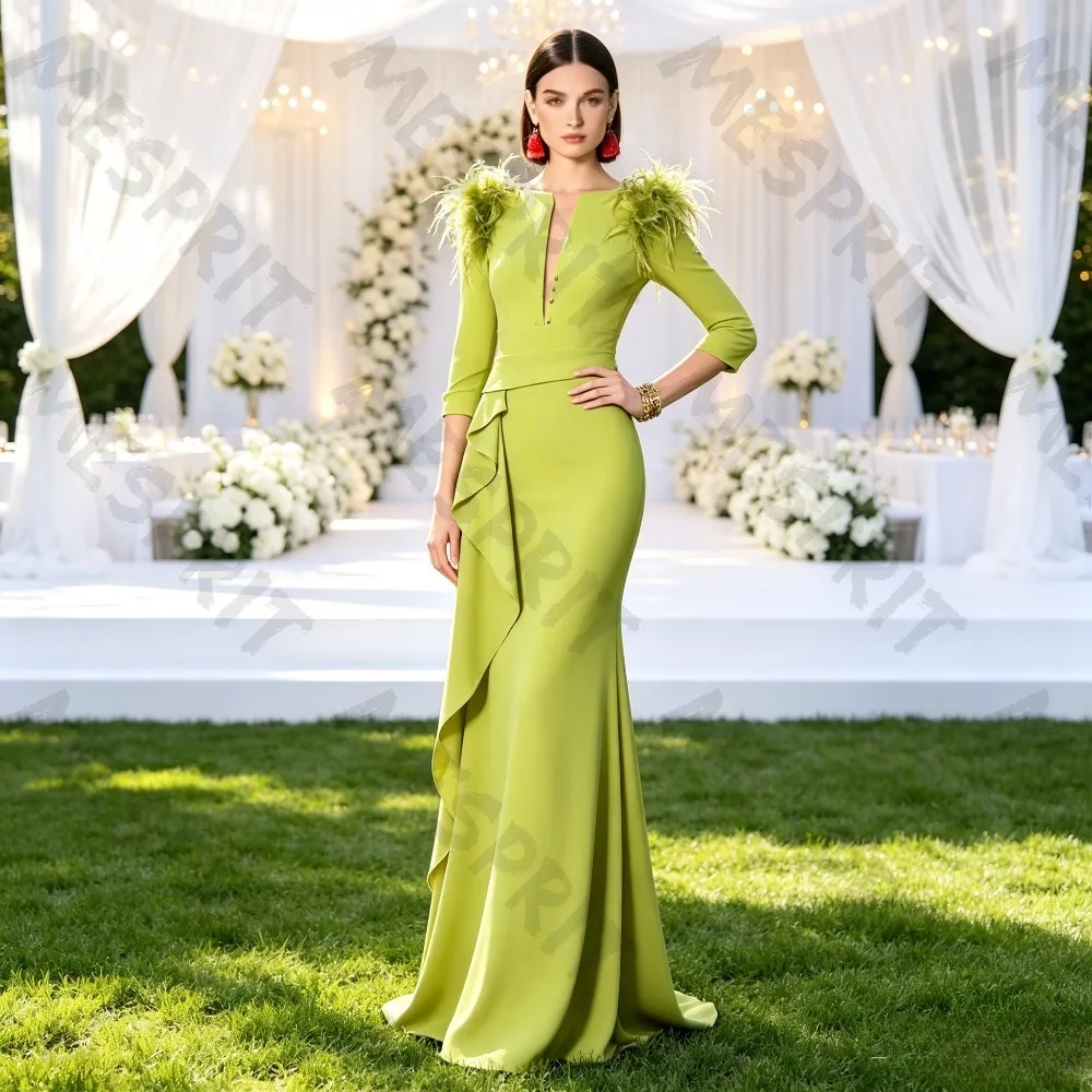 Customized Deep V-neck Seven Quarter Sleeve Mermaid Evening Gowns with Feather Decoration Brush Style Trailing Backless Design