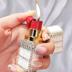 Fashion Lipstick Rhinestone Lighter Classic Open Flame Butane Inflatable Lighter Smoking Gadgets Beautiful Ladies Lighter Gifts