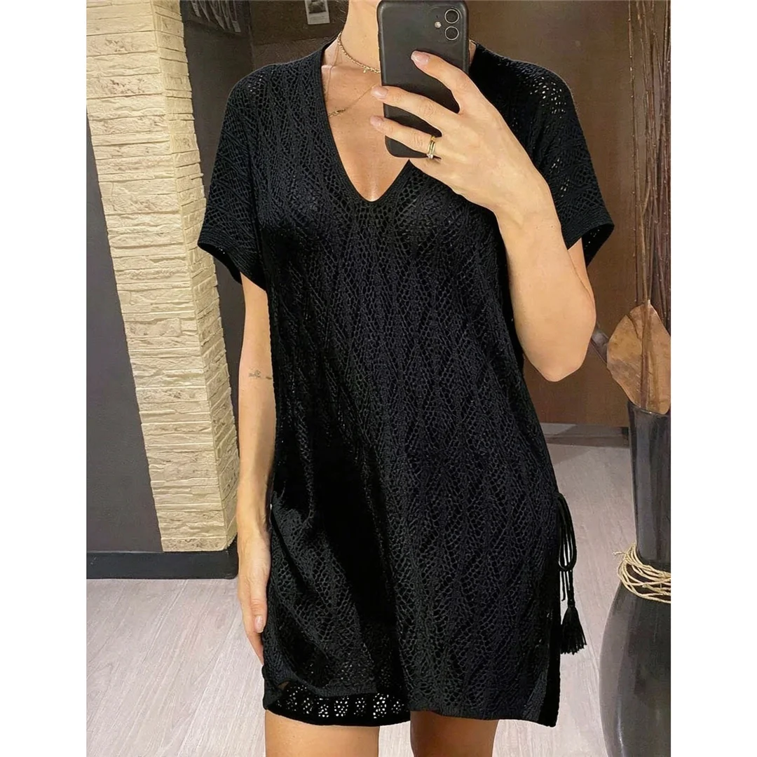 Neues, kurzärmeliges, einfarbiges, gehäkeltes Strick-Tunika-Strandkleid mit V-Ausschnitt, Strandkleid, Strandmode, Damenmode, K8580 – Detail 4