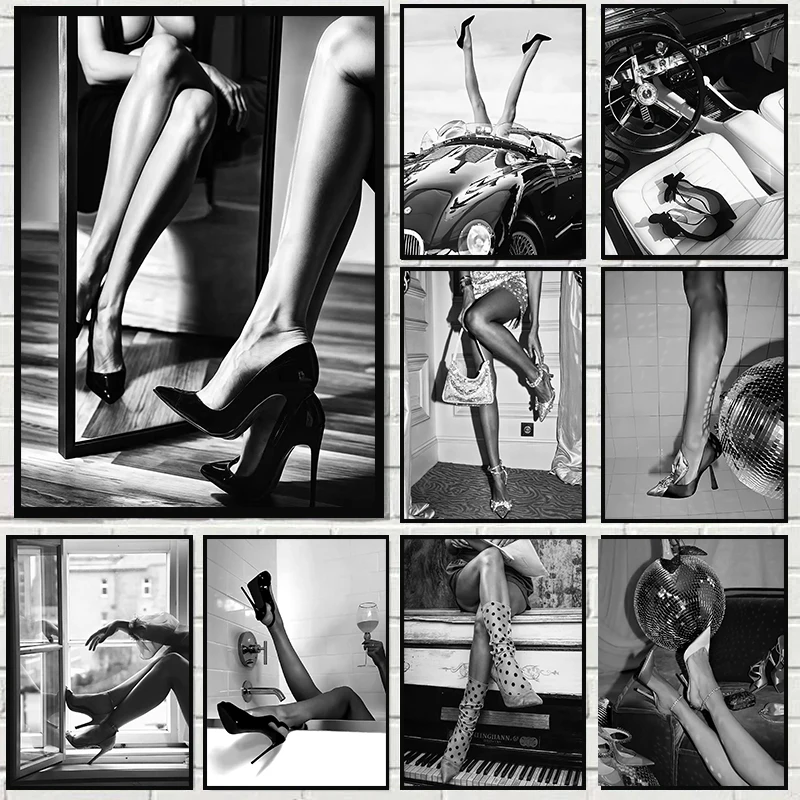 Black and White Heels Fashion Luxury Posters Disco Ball Minimalistic Prints Canvas Painting Wall Pictures Home Girl's Room Decor