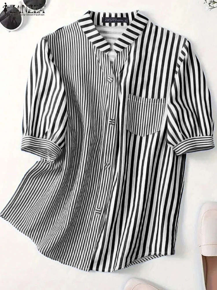 بلوزة نسائية صيفية للعمل OL 2025 قميص مخطط للمكتب من ZANZEA قمصان عصرية بأكمام قصيرة وأزرار وياقة ثابتة بلوزات نسائية