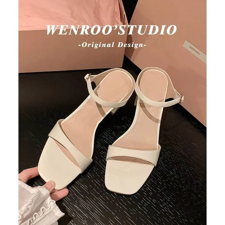 Square-Toe Chunky Heel High Heels 2026 Summer New Exquisite, Stylish, Versatile One-Strap Open-Toe Sandals
