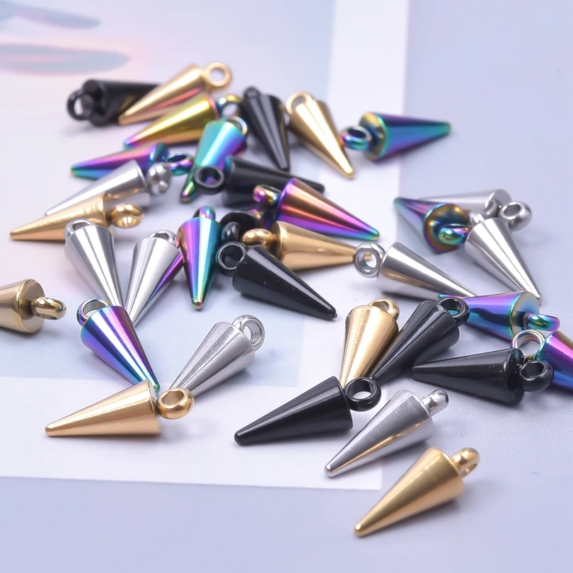 10pcs Stainless Steel Cone Charms Pendants Retro Bullet Spike Beads Charms For Women Man Punk Hoop Earring Making Supplies