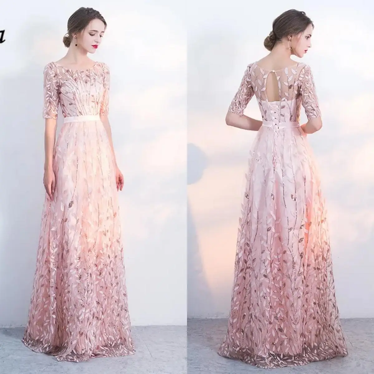 

Evening Dress Pink Bling Leaf Pattern O-neck Short Sleeves Zipper Back A-line Floor Length Plus size Women Party Formal Gown