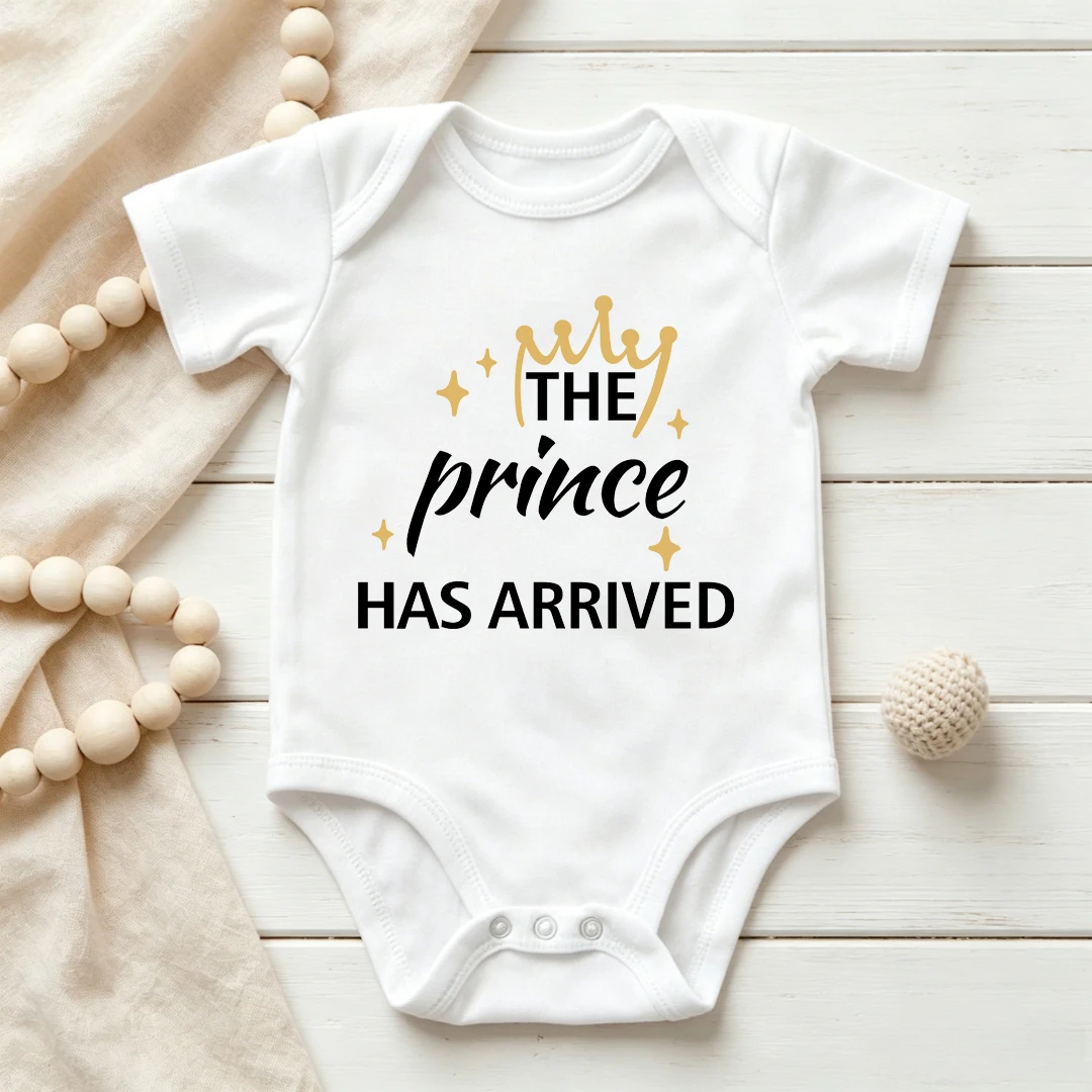 The Prince Has Arrived Baby Boy Bodysuit Crown Star Print Newborn Short Sleeve Romper Pregnancy Announcement Outfit Infant Cloth