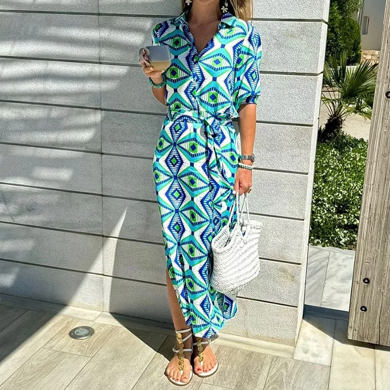 

Fashion Lace-up Slim Office Dress Elegant Women Printed Turn Down Collar Shirts Dress All Match Short Sleeve Button Long Dress