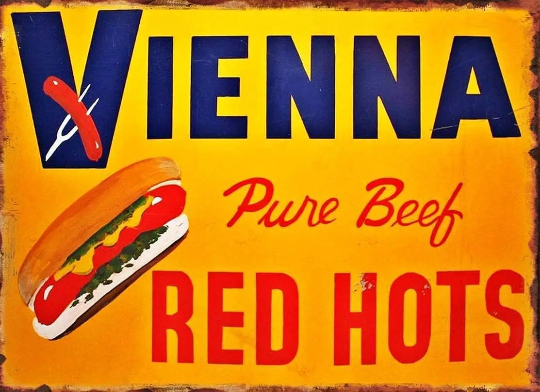 Vienna Red Hots Hot Dog - Retro Plaque Metal Tin Sign Wall Decor Art for Garden Farmhouse Bathroom Home ,de14bB14