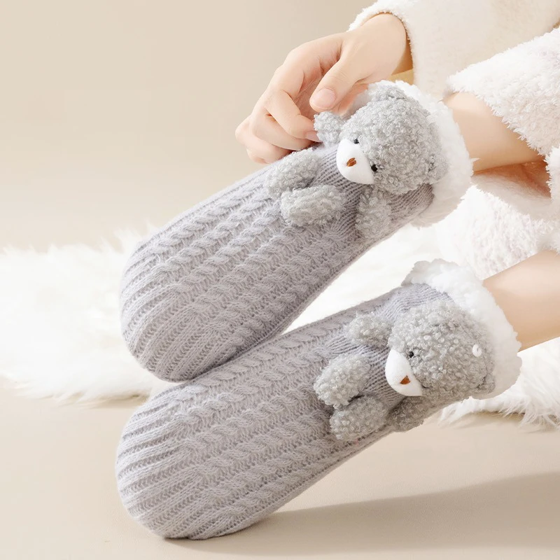 Thickened Thermal Cute Bear Slipper Socks Soft Warm Grip Fuzzy Floor Sock Useful Home Sleeping Socks Anti-Skid Carpet Socks