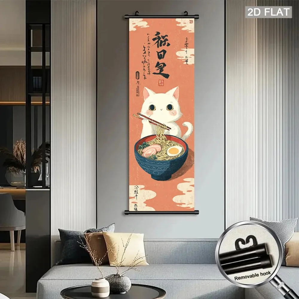 VIKAMA Retro Kawaii Cat Triptych Wall Scroll Poster Ramen Noodle Japanese Vintage Cartoon Aesthetic Canvas Art Print Decor