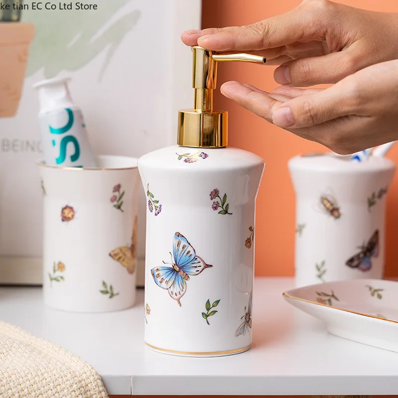 Ceramic Bathroom Five Piece Set Nordic Lotion Bottle Mouthwash Cup Toothbrush Holder Soap Dish Washing Set Bathroom Accessories