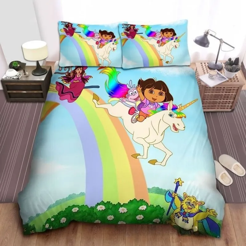 Dora The Explorer Duvet Cover Pillowcase Bedding Set Adult Boy Girl Bedroom Decoration Gift Single Double Large Size
