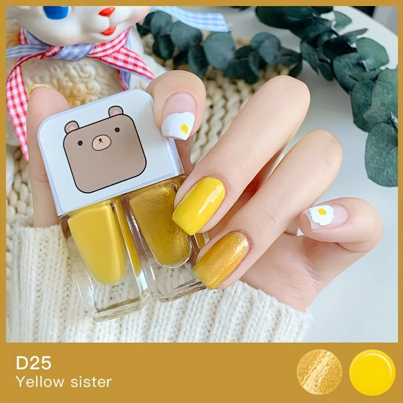 D25 Yellow Fairy Nagellack mit 2 Flaschen, kein Backen, schnell trocknender, langlebiger, abziehbarer, dreifarbiger Nagellack auf Wasserbasis