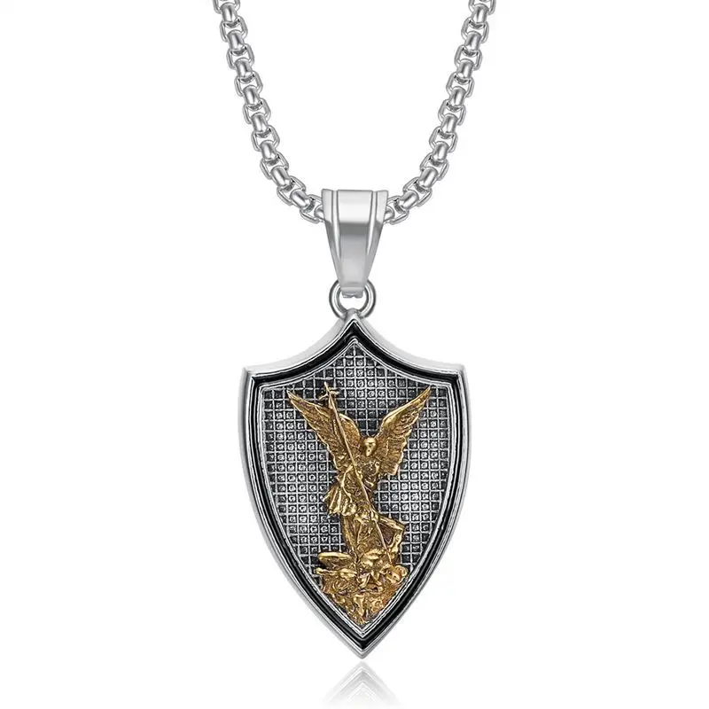 Punk Rock Stainless Steel Saint Michael Archangel Shield Pendants Necklace for Men Retro Jewelry Gold Silver Color Drop Shipping