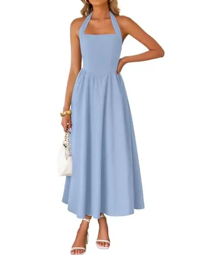 

Light Blue Off-Shoulder Halter Midi Dress For Women, Flowy High-Waist Formal Gown Ideal Wedding Guest Attire