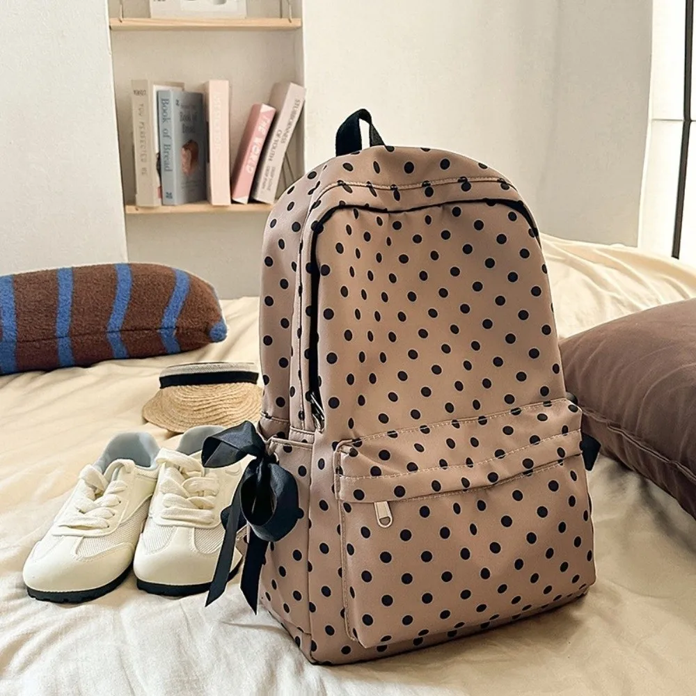 French Style Polka Dot Backpack Polka Dot Pattern Lightweight Construction Bow Ribbon Backpack Bow Ribbon Design Cute Appearance
