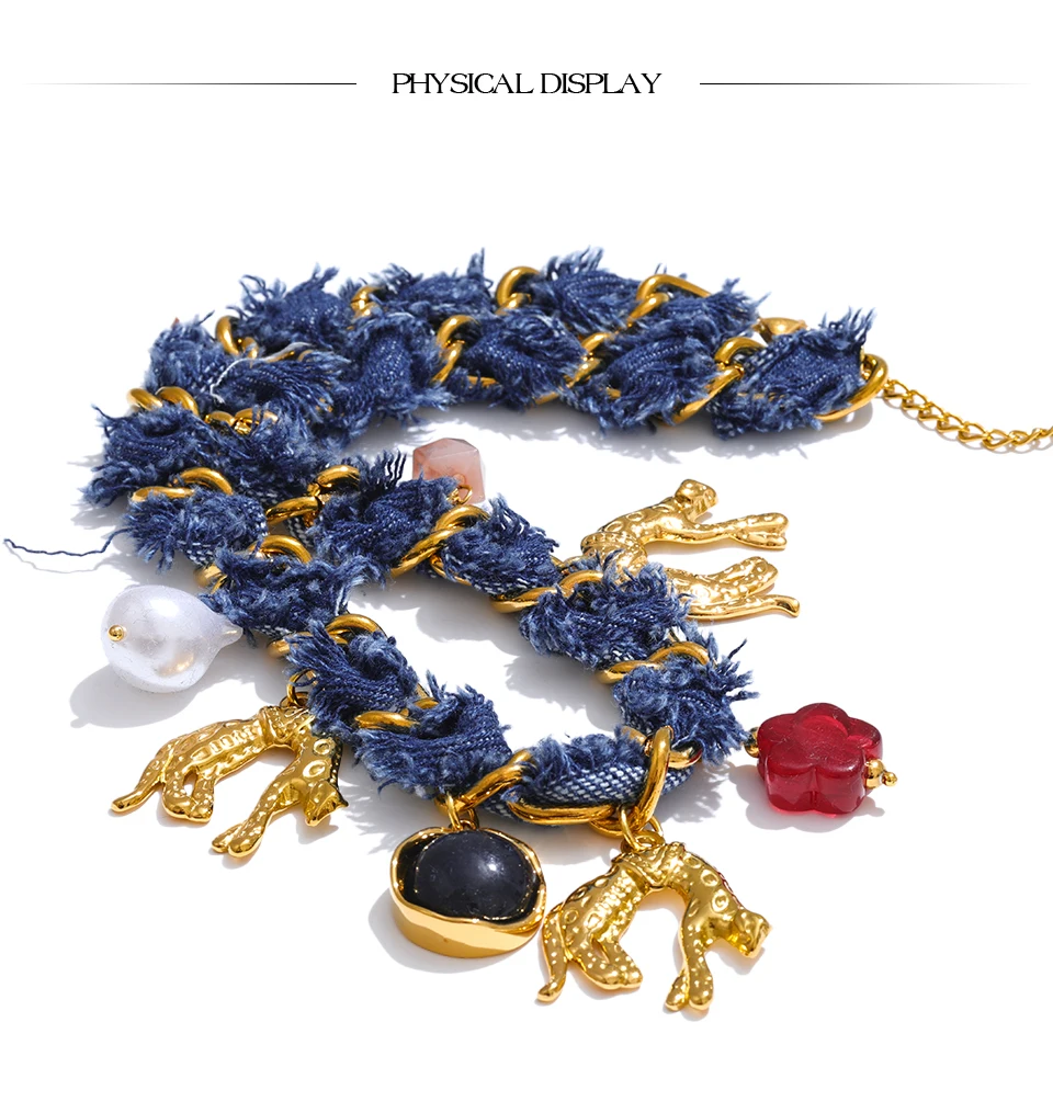 Yhpup Statement Blue Denim Kette Perle Acryl Blume Tropfen Charm Halskette Edelstahl Vintage Herbst & Winter Kragen Schmuck – Detail 7