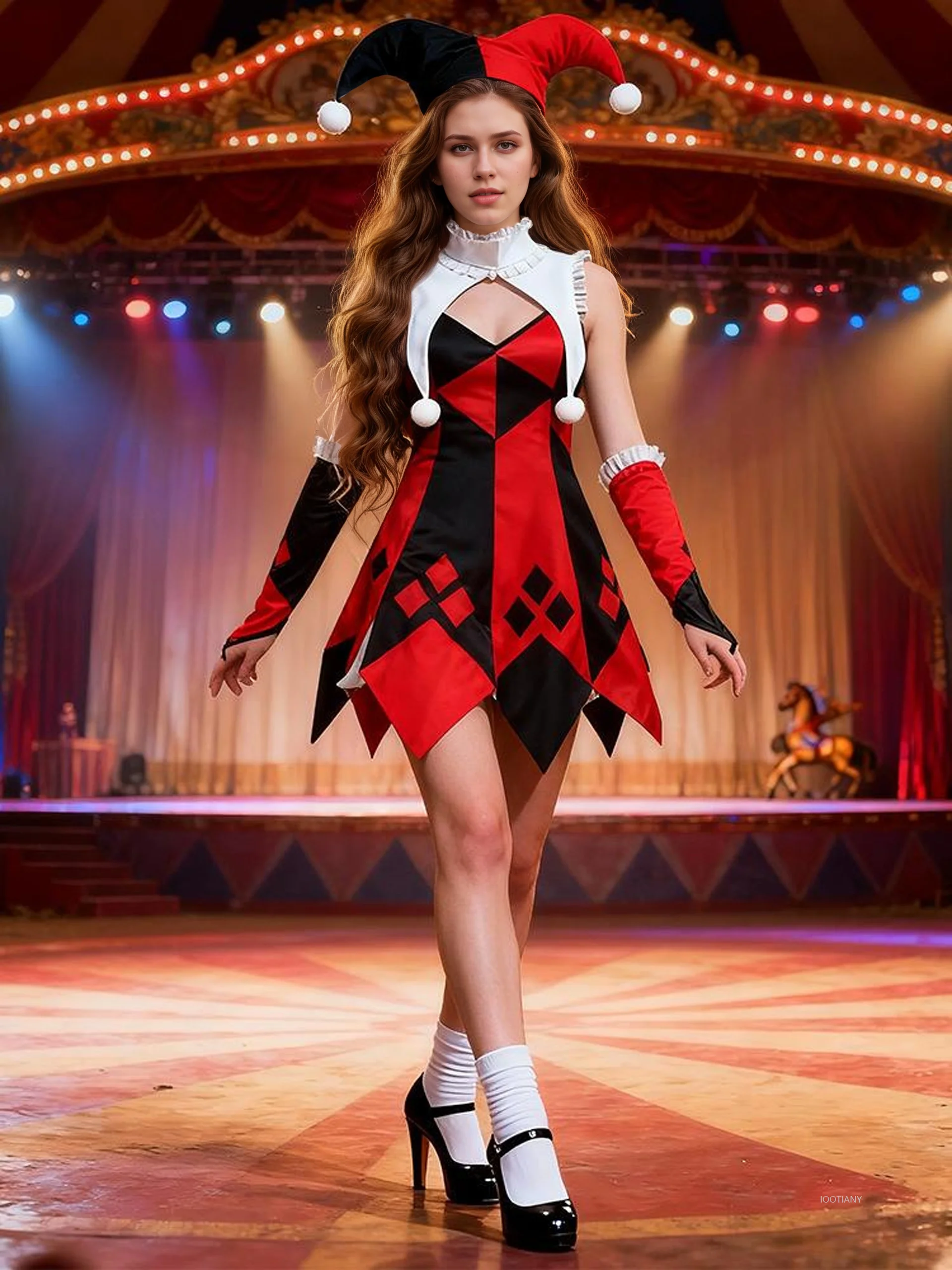 

Halloween Clown Lady Cosplay Dress Adult Carnival Circus Joker Uniform Red Hat Suit Carnival Party Stage Performance Costume