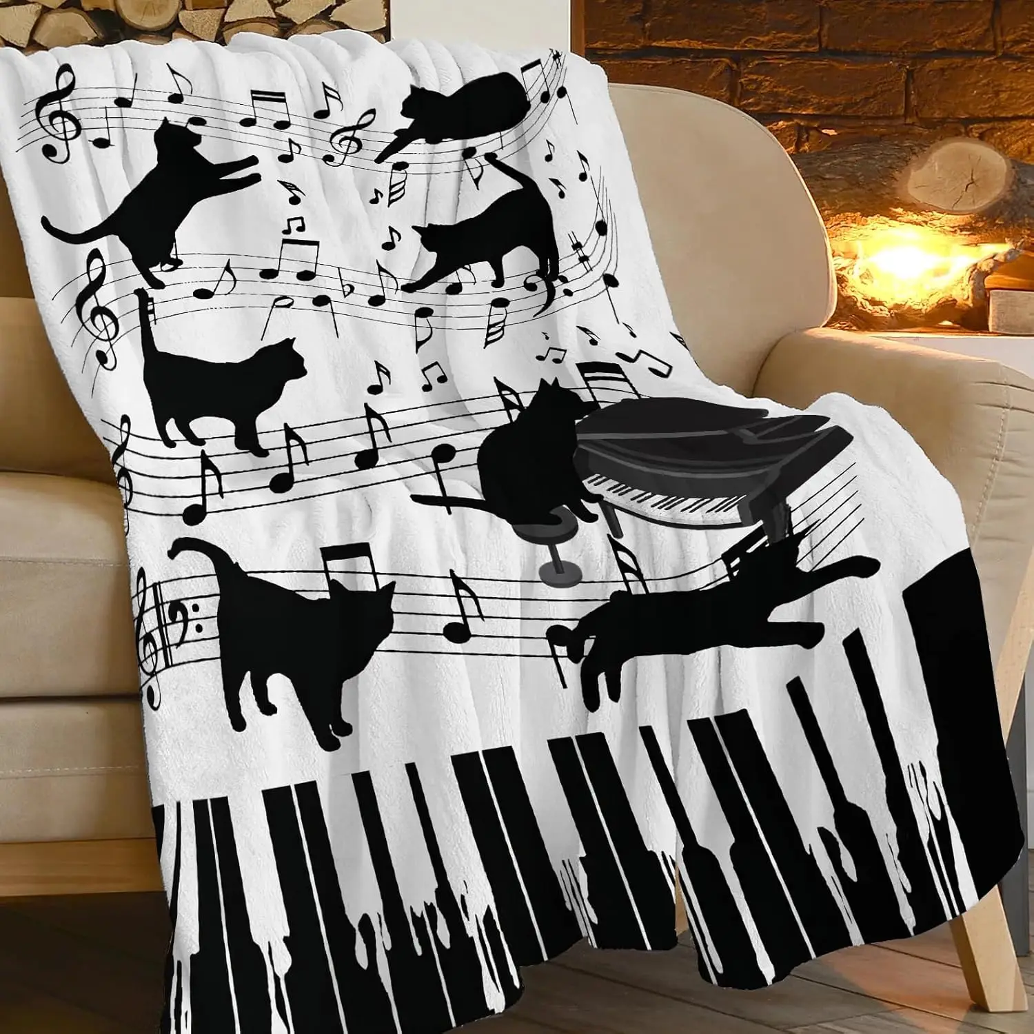 Musical Cat Blanket Throw Fleece Picnic Lap Blanket Piano Notes Pet Lover Gift Cozy Autumn Home Decor Couch Throw Cats Music Roo