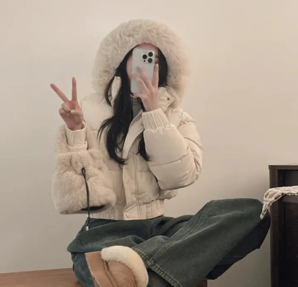 New Winter Warm Hooded Down Cotton Jacket Women Thickened Fleece Lining Big Fur Collar Long Sleeve Short Parkas Jacket Coat