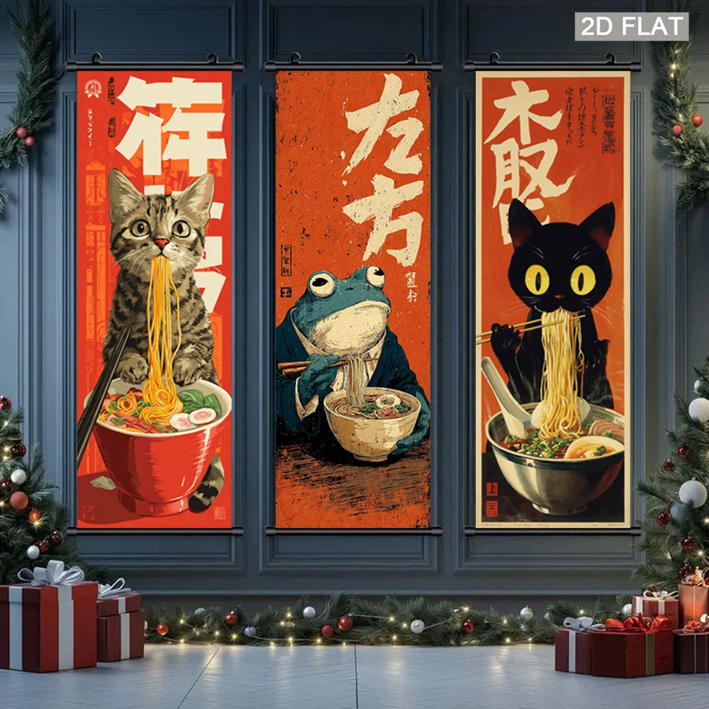 VIKAMA Japanese Ramen Ukiyo-e Scroll Tapestry Retro Wall Hanging for Kitchen Dining Room Home Decor Aesthetic Soft Fabric Art