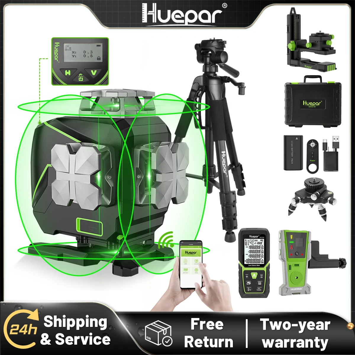 Huepar 16 lines 4D Cross Line Laser Level Sets Bluetooth & Remote Control Functions Green Beam Lines With Hard Case No Bracket