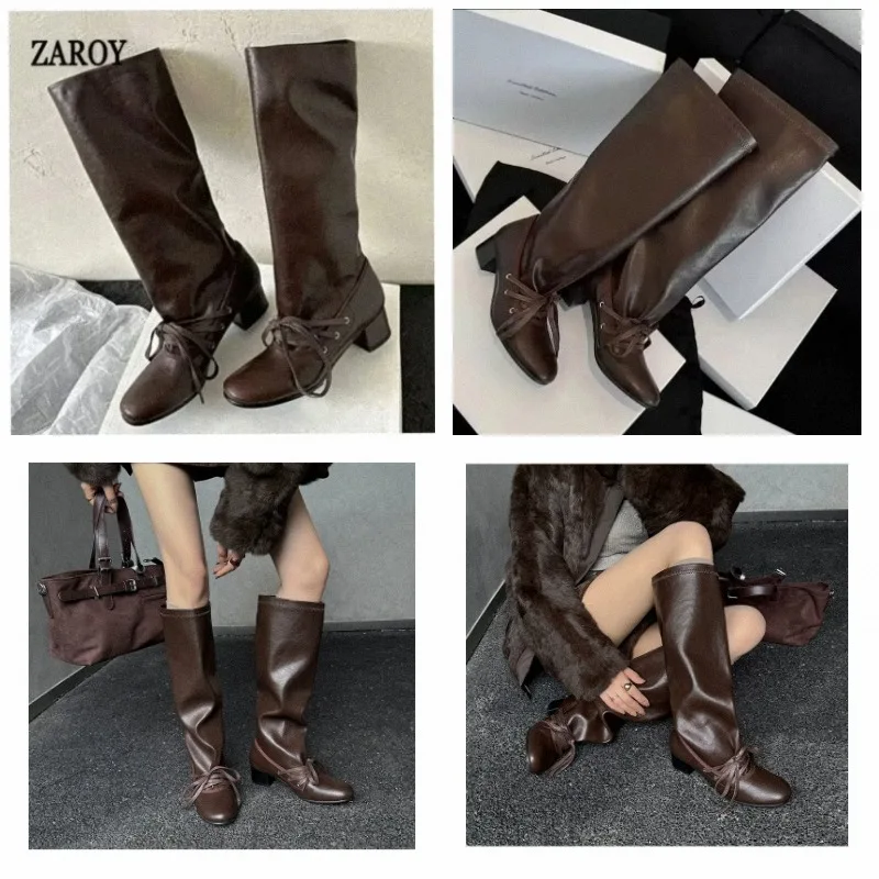 ZAROY Nouveauté : Bottes hautes élégantes pour femme, automne-hiver, à lacets, bout rond, style vintage chic, couleur café, souples et décontractées