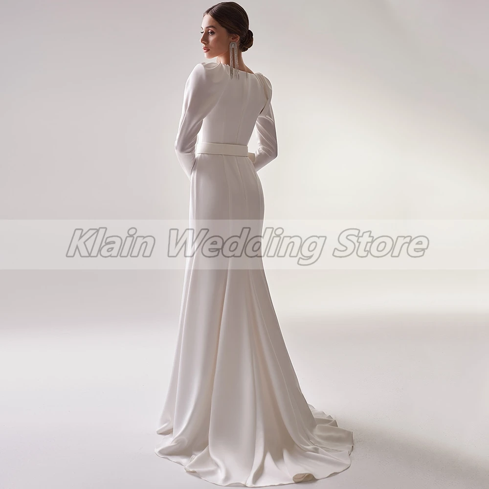 Customized Weilinsha Simple White Mermaid V-Neck Wedding Dresses Jersey Pleats Long Sleeves Zipper Back Bridal Dress For Bride W