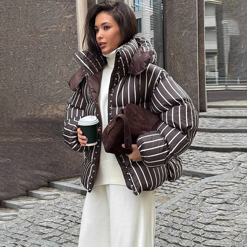 Damska kurtka z kapturem Tornova, ocieplana bawełną, w paski, jesień-zima 2025, do pracy, stójka, zapinana na zamek, ciepły płaszcz, moda damska.
