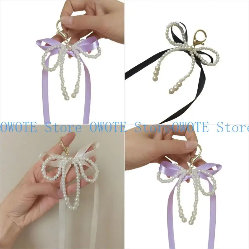 

A52E Feminine Pearl Beaded Bowknot Key Pendant Soft Ribbon for Phone and Car Decor