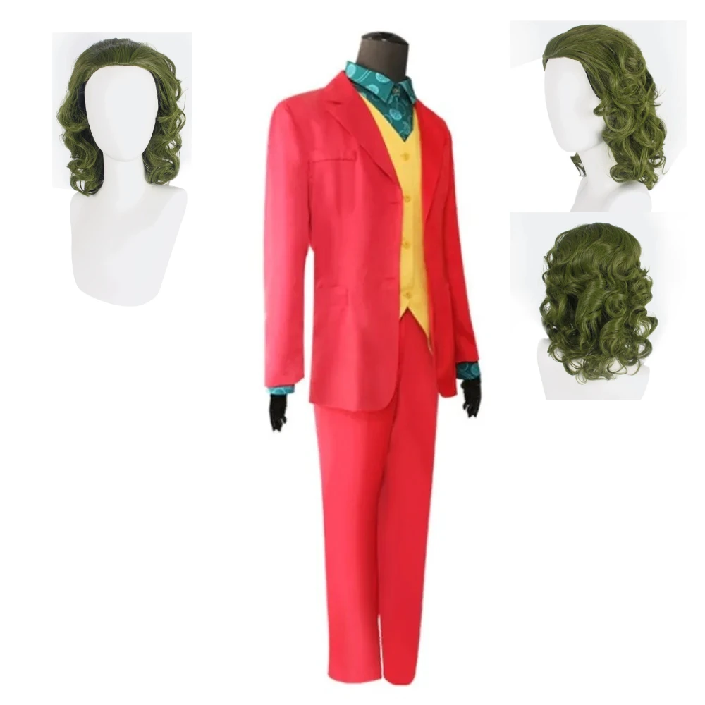 

Фильм Джокер Косплей Хоакин Костюм Клоуна Артур Флек Красный Костюм Пальто Брюки Синие Вьющиеся Волосы Униформа Хэллоуин Представление Вечеринка